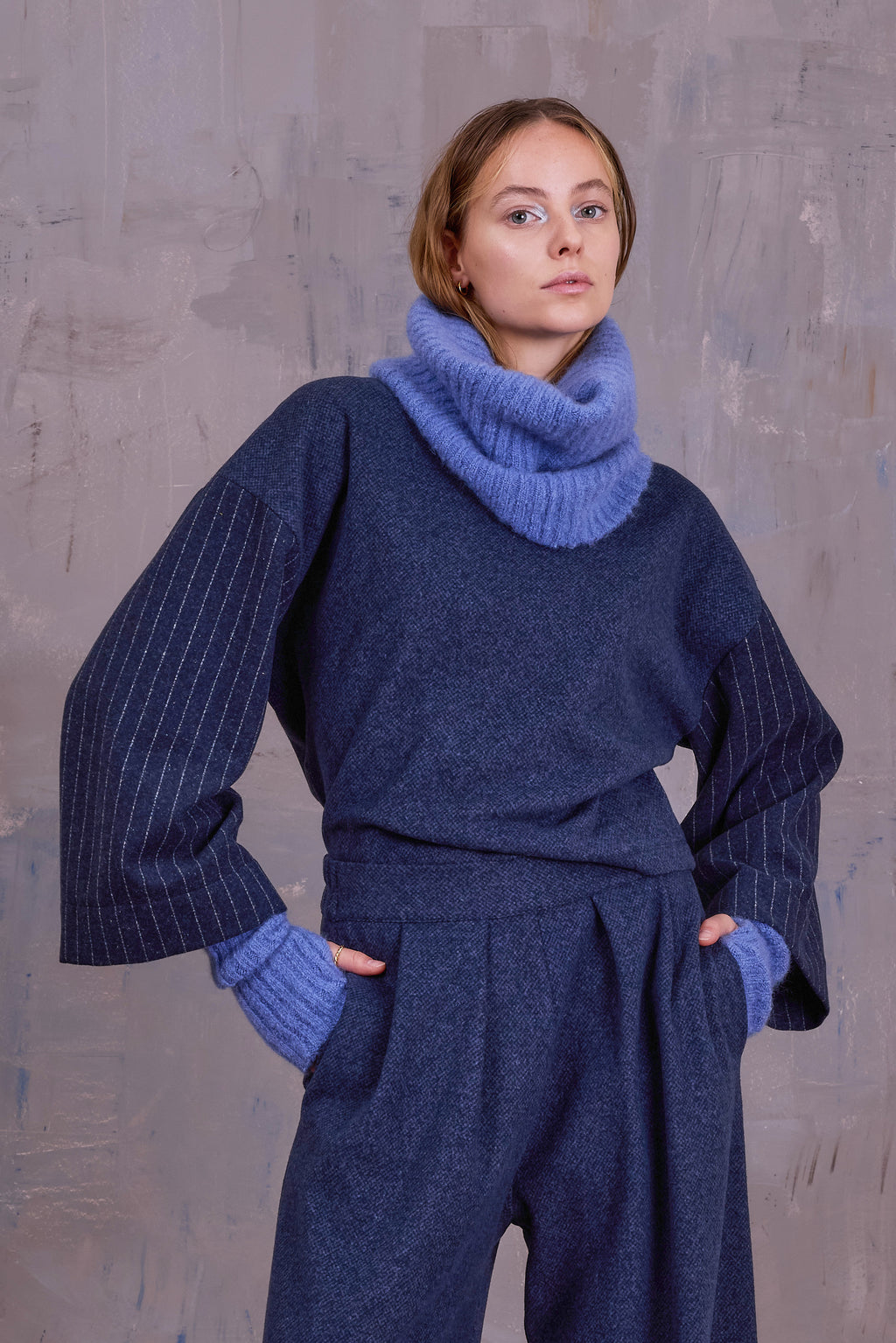 Ed navy sweater with pinstriped sleeves