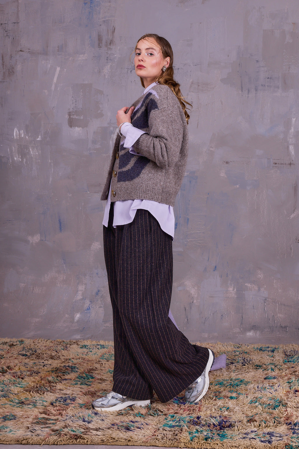 Gresa graphical cardigan in sandstone