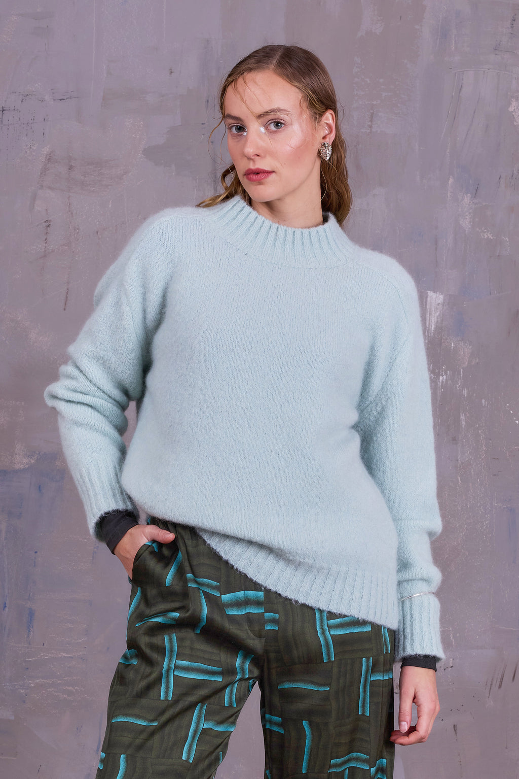 Glasgow knitted sweater in light aqua