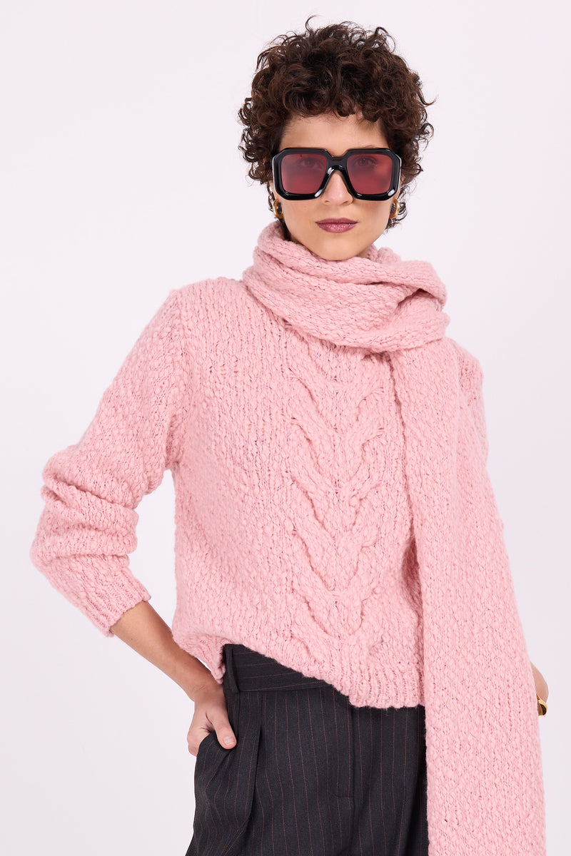 Bogota-Pullover aus rosa Wolle mit Zopfmuster