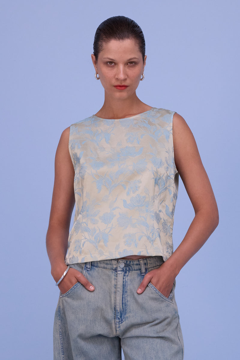 Danielle top in blue glow jacquard