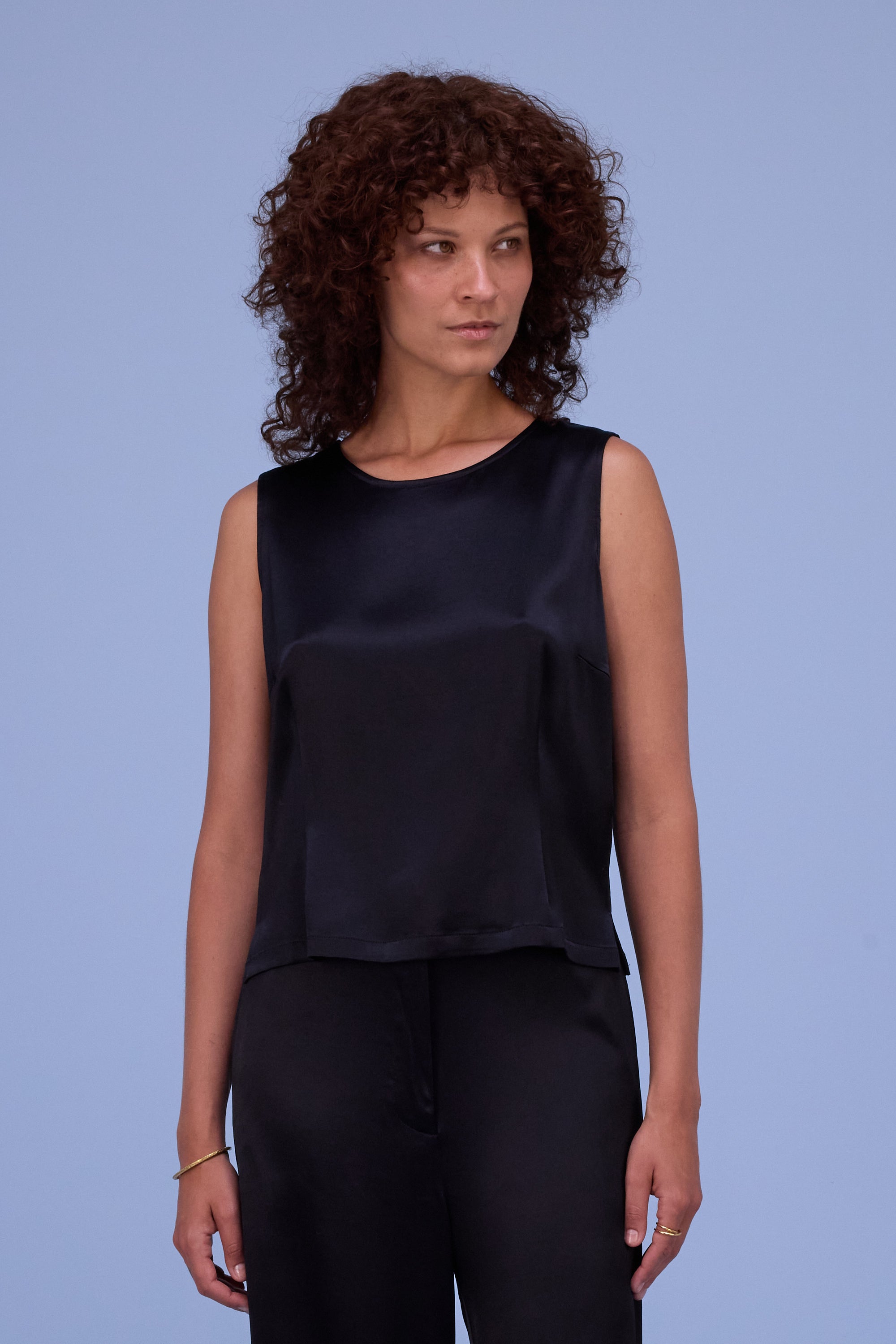 Danielle top in shiny black satin