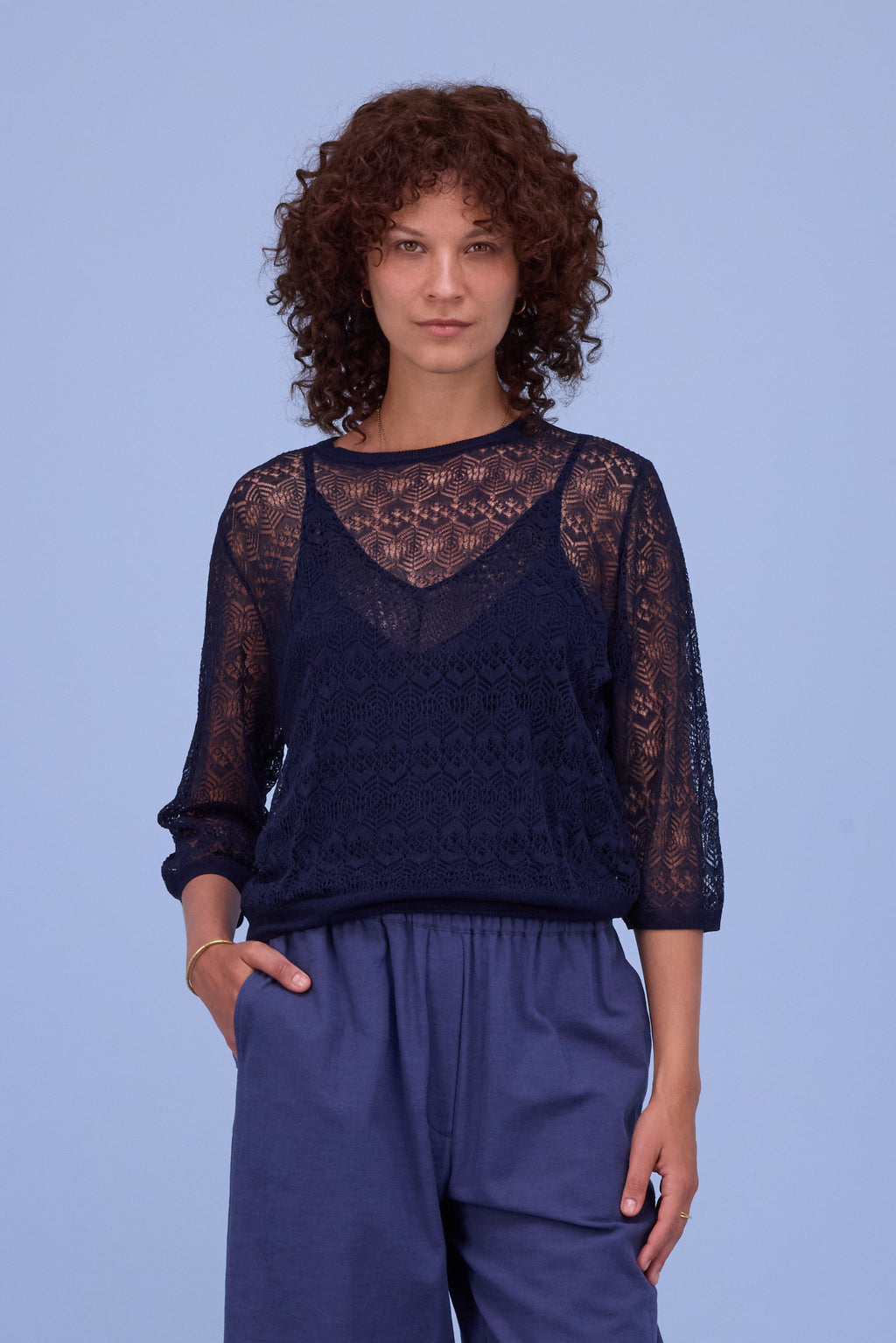 Hekinan lace jumper in dark navy