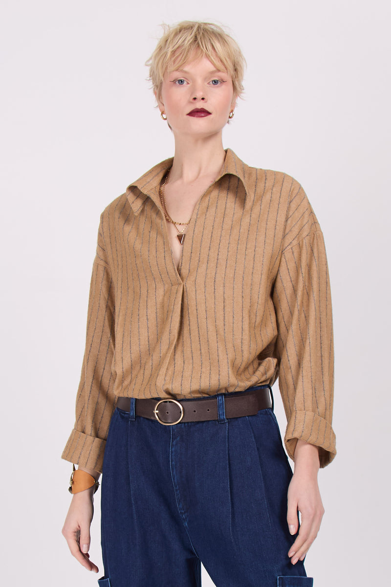 Daan camel gestreepte blouse