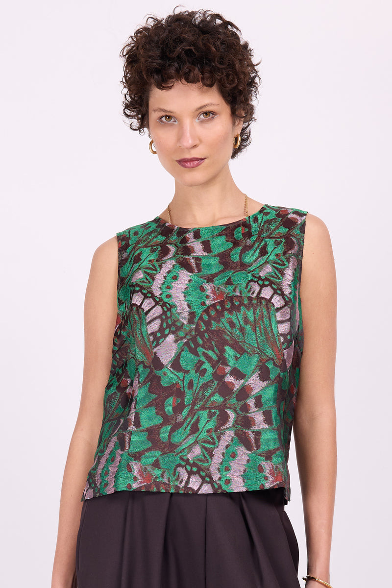 Danielle-Top aus grünem Schmetterlings-Jacquard