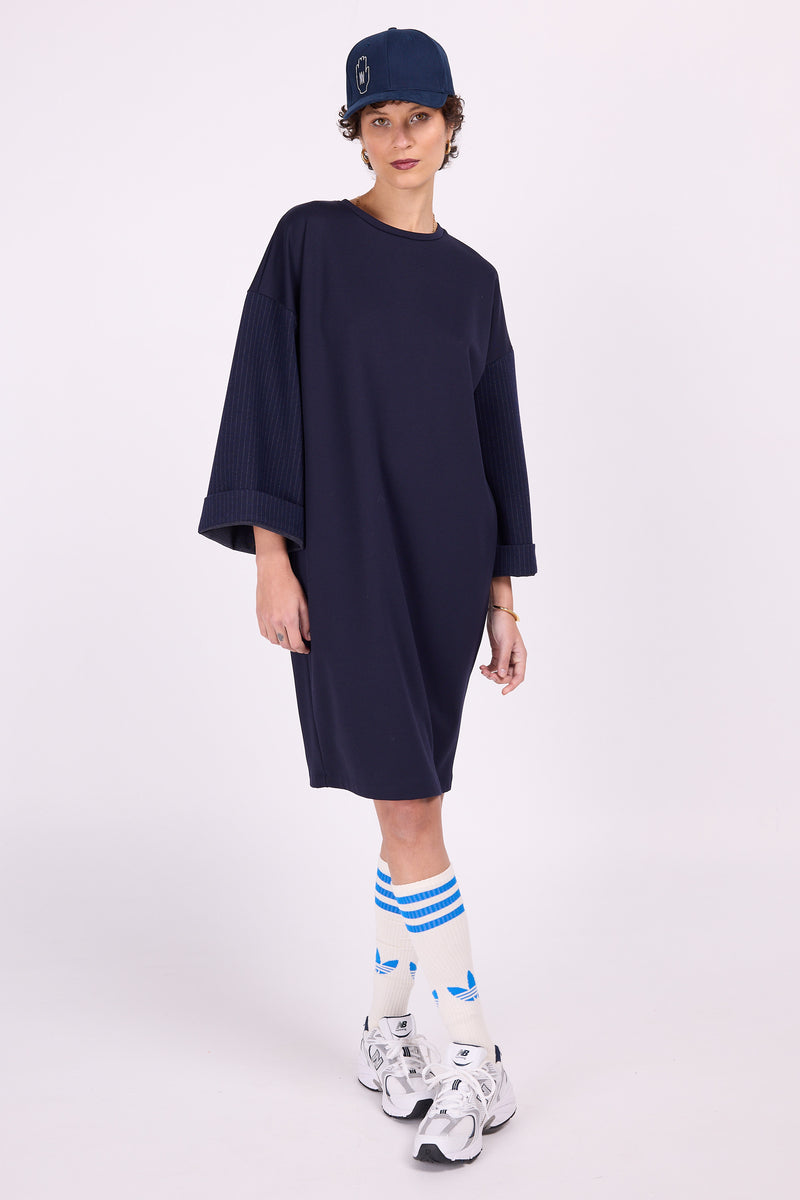 Elona navy jurk met krijtstreepmouw