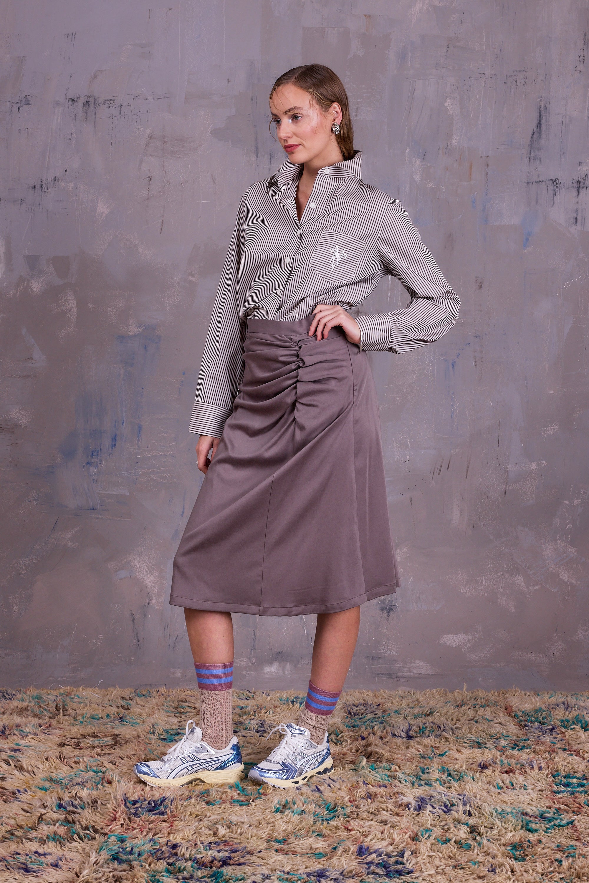 Ginny shirt in brown ecru vintage cotton stripes