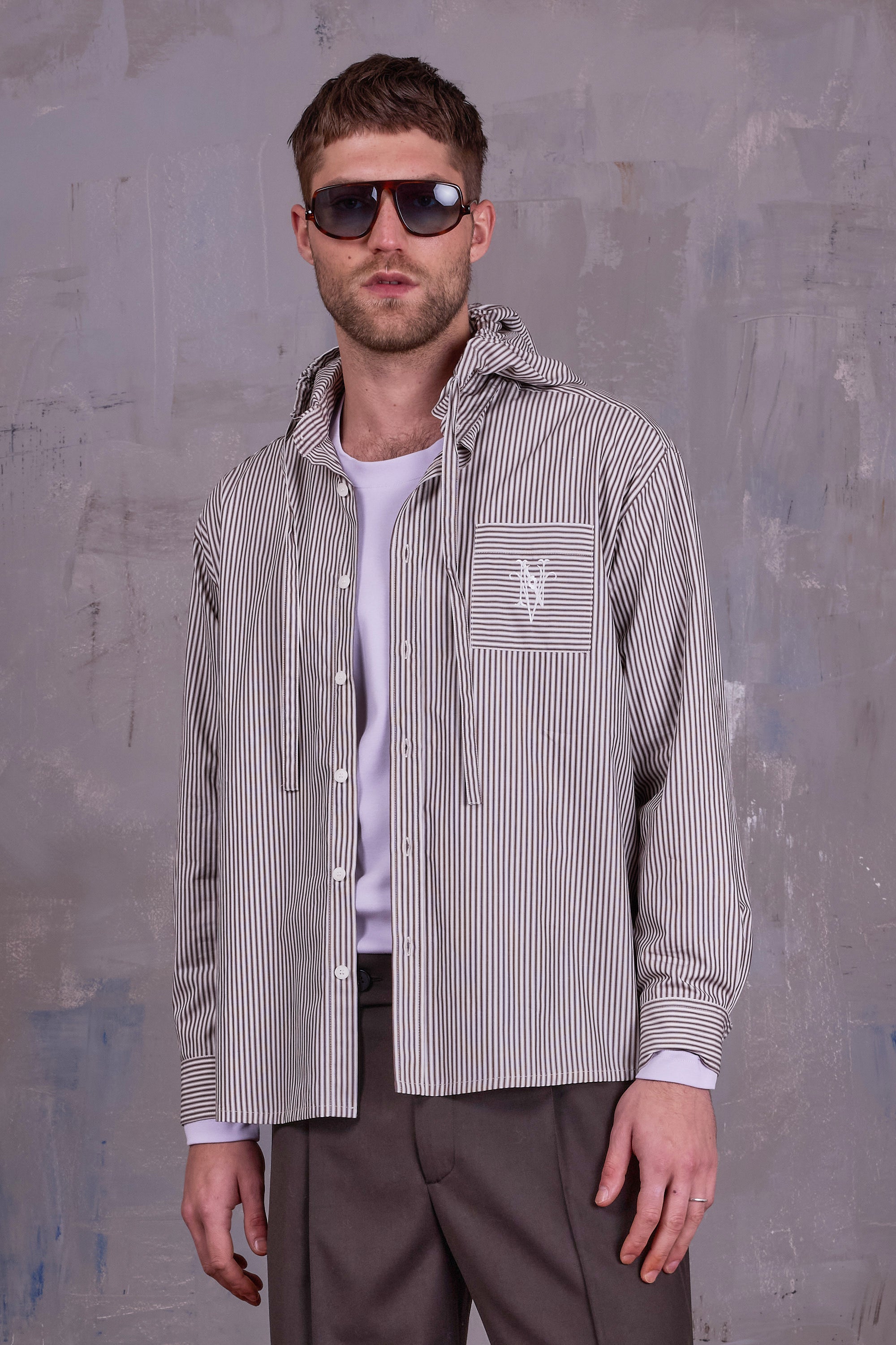 Gonzola hemd in brown ecru vintage cotton stripes