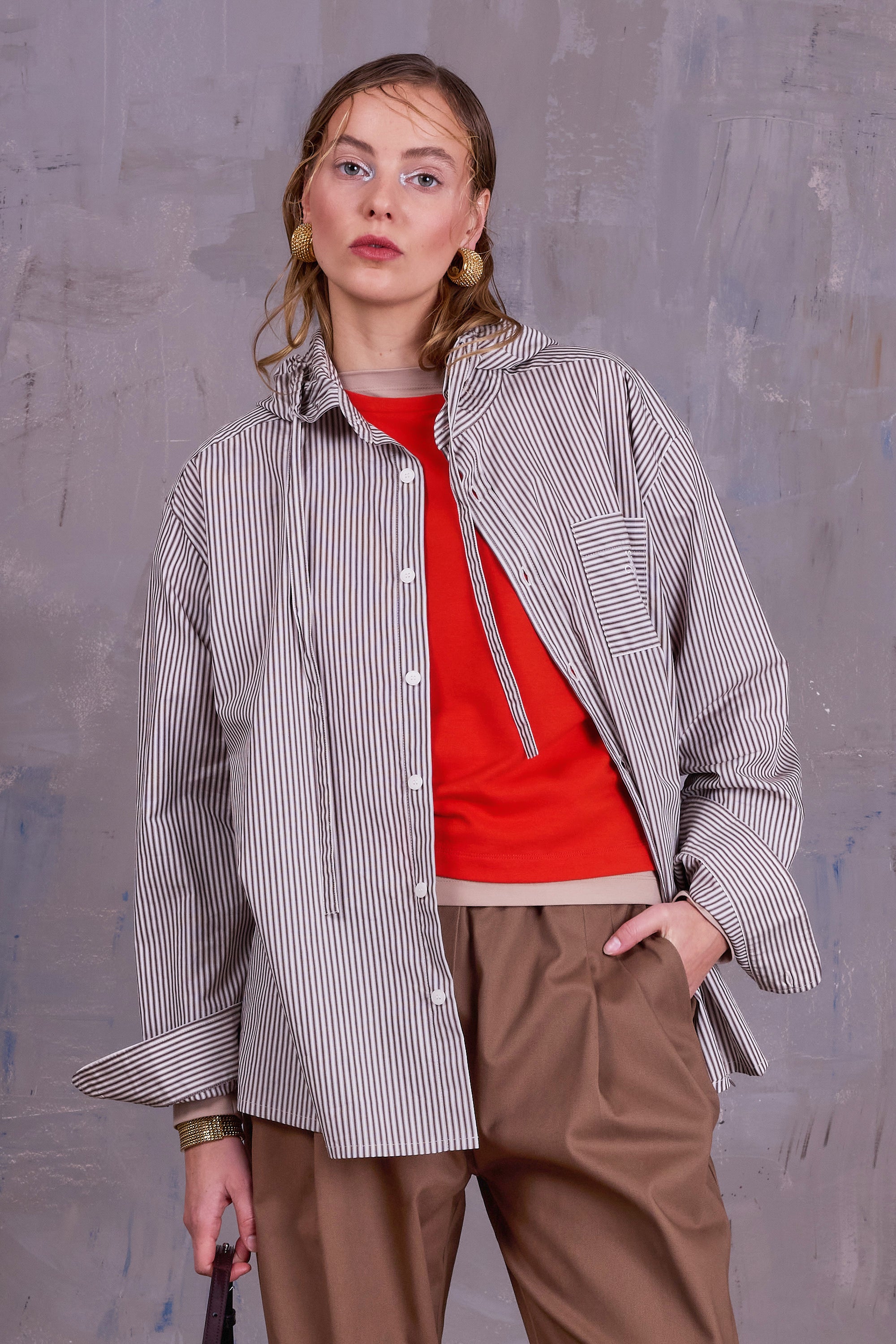 Gonzola hemd in brown ecru vintage cotton stripes