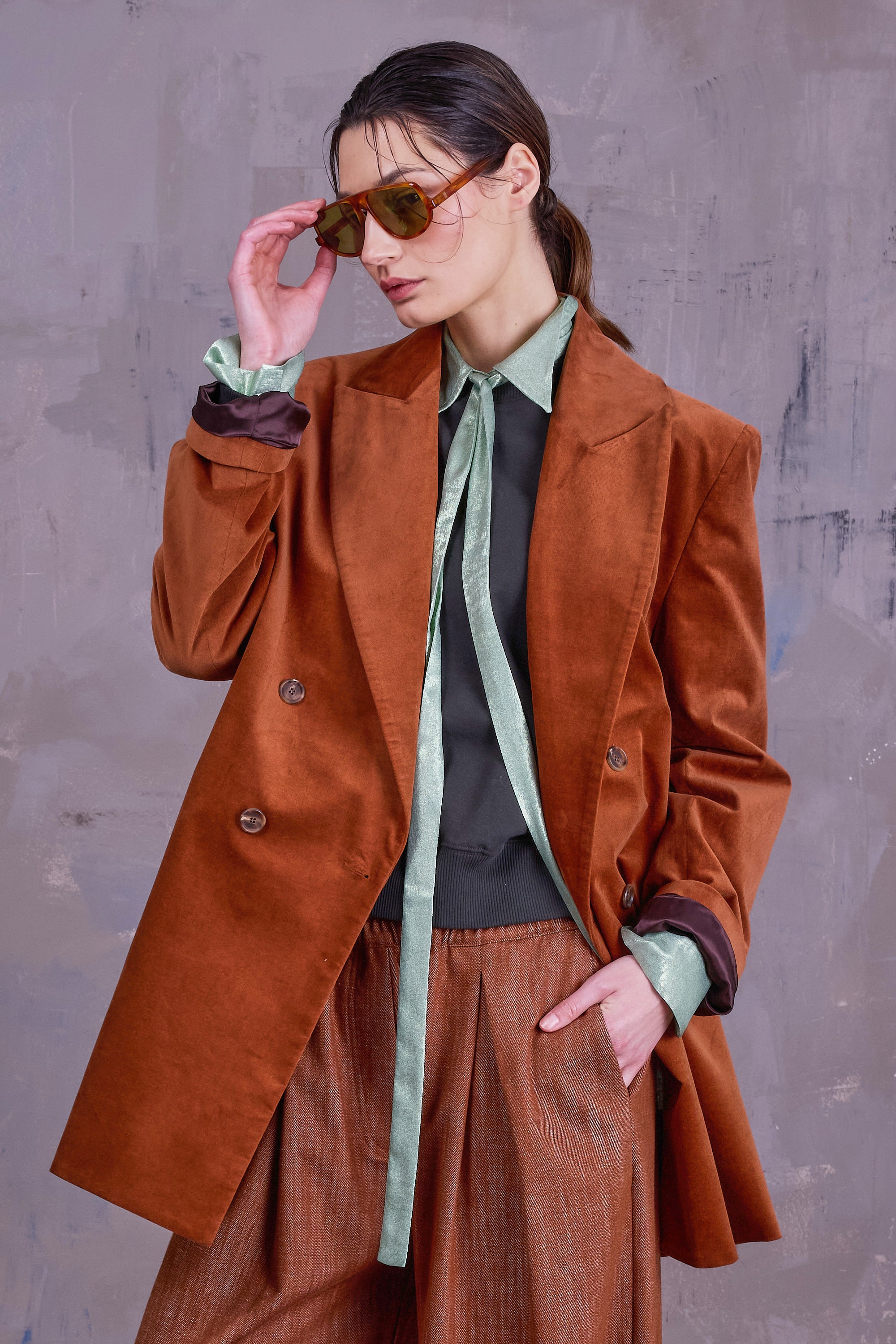 Gaspar formal coat in hazelnut velvet