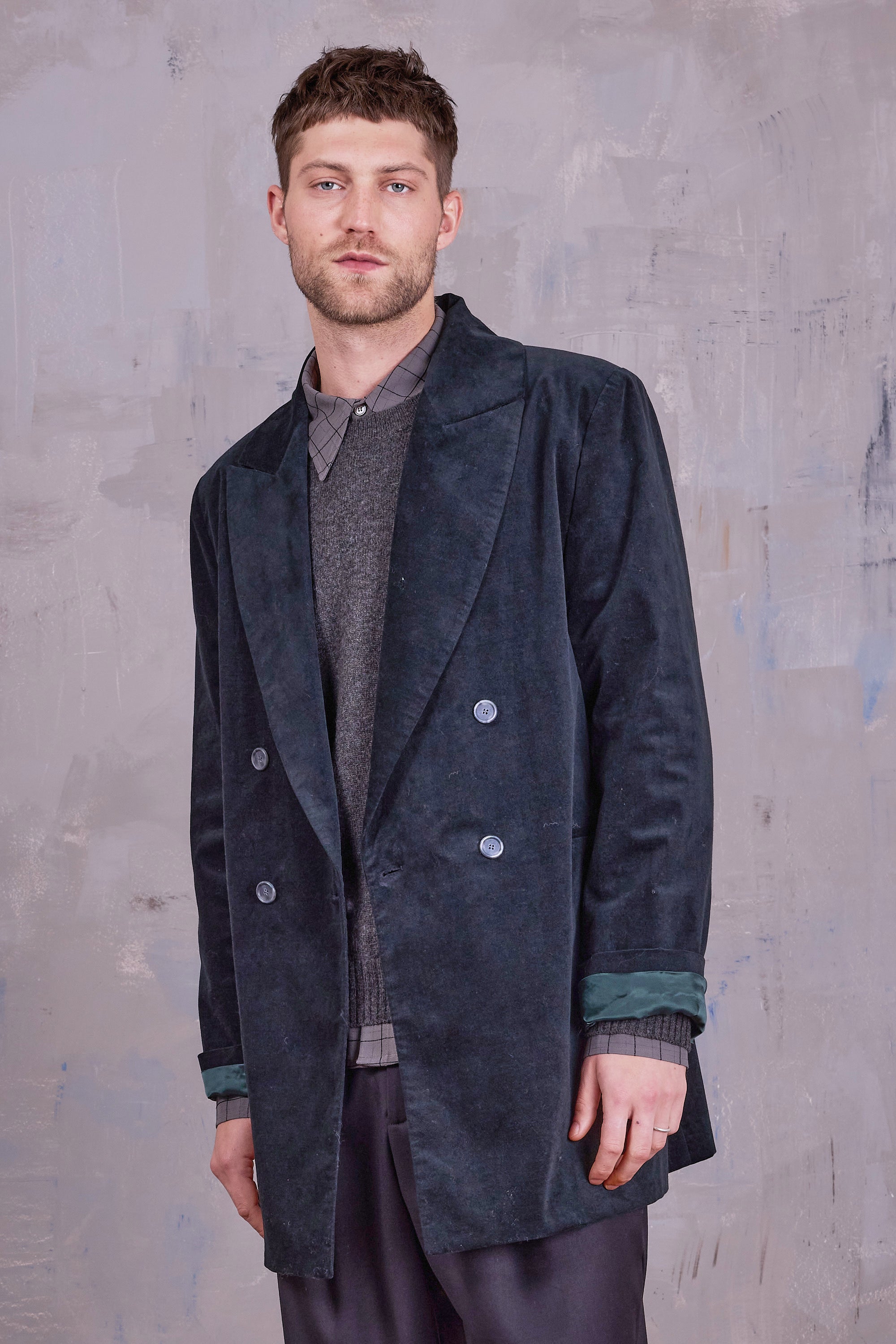 Gaspar formal coat in black forest velvet