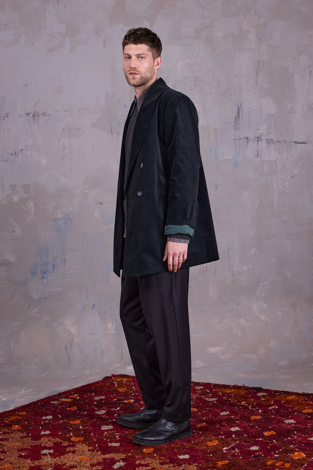 Gaspar formal coat in black forest velvet