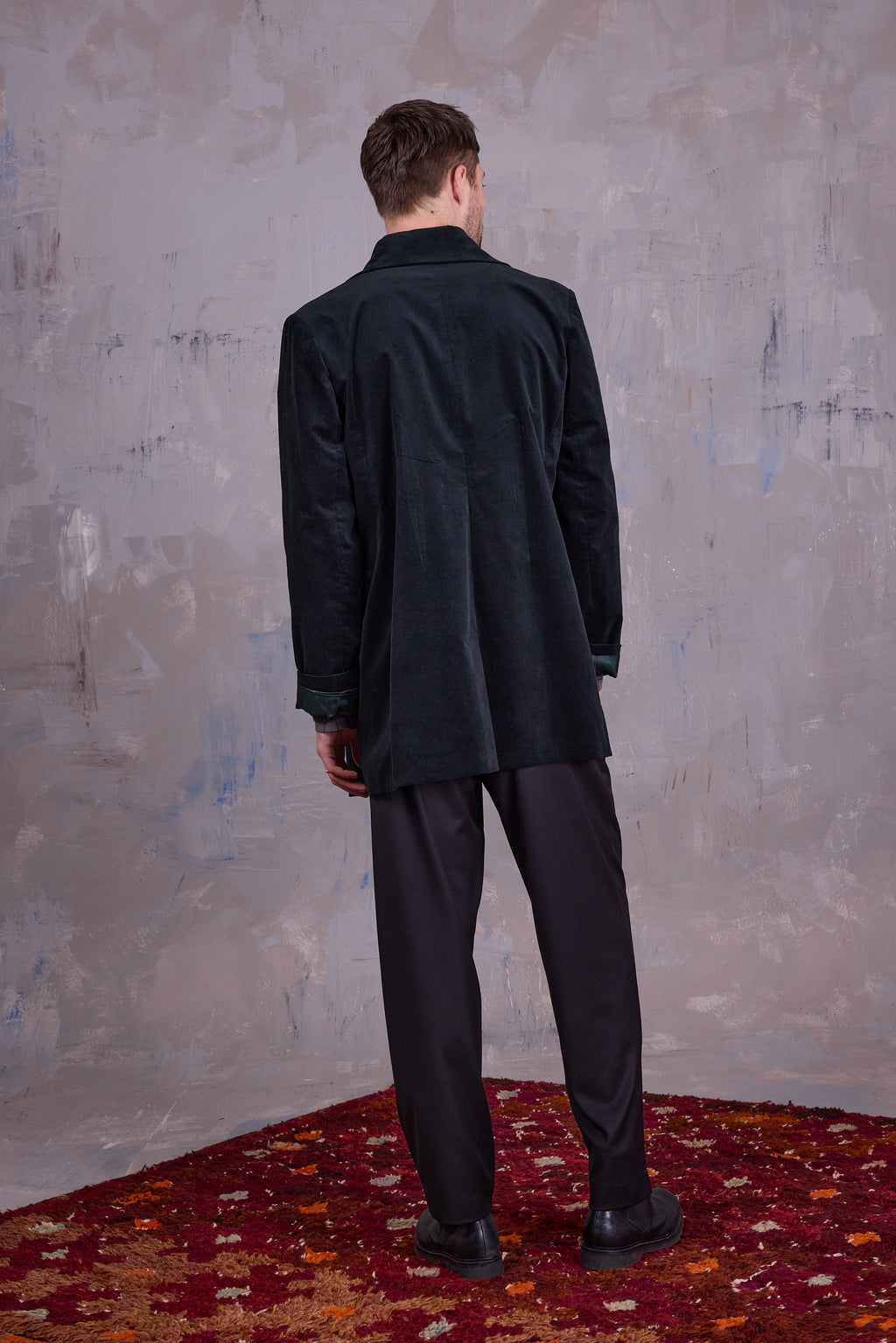 Gaspar formal coat in black forest velvet
