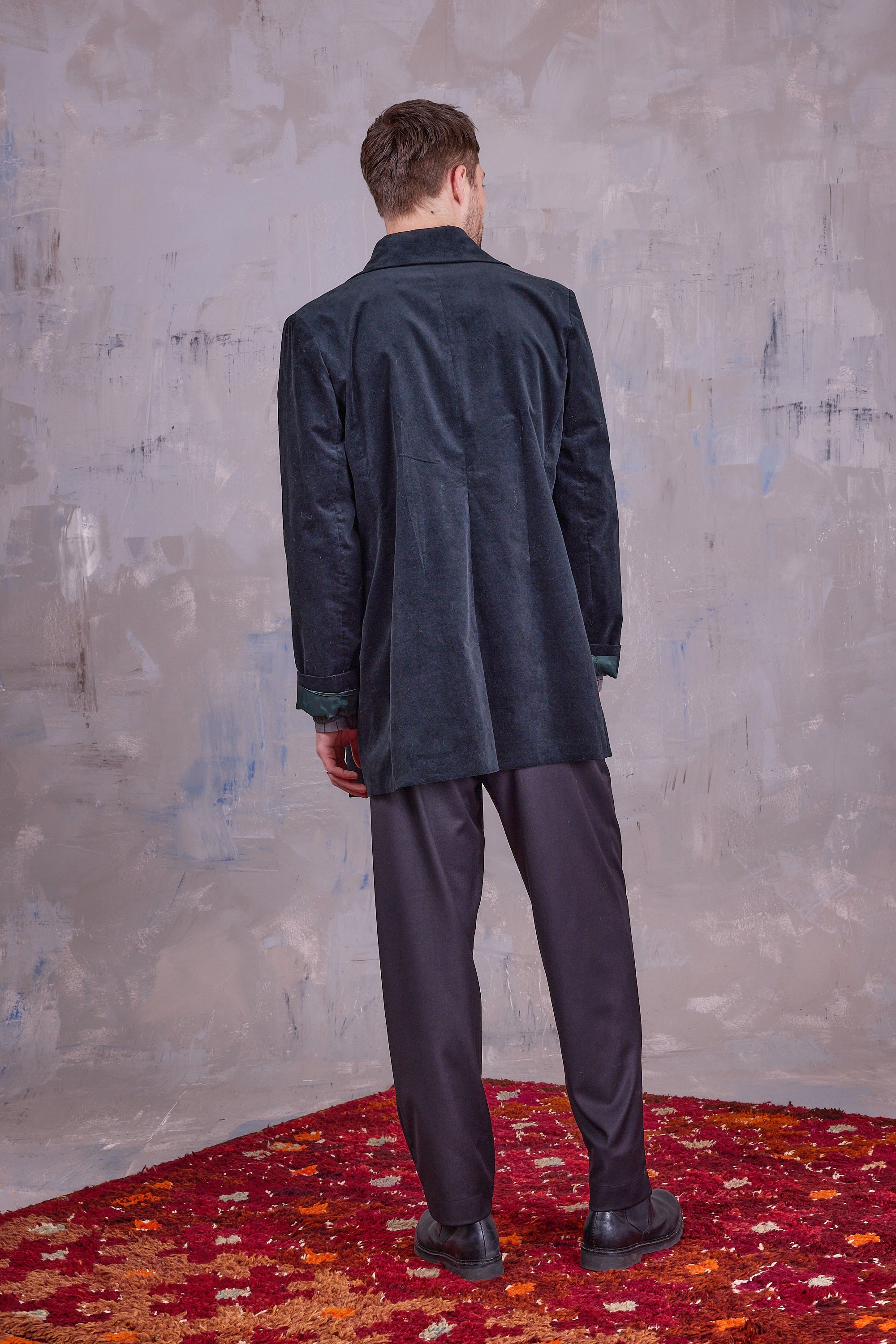 Gaspar formal coat in black forest velvet