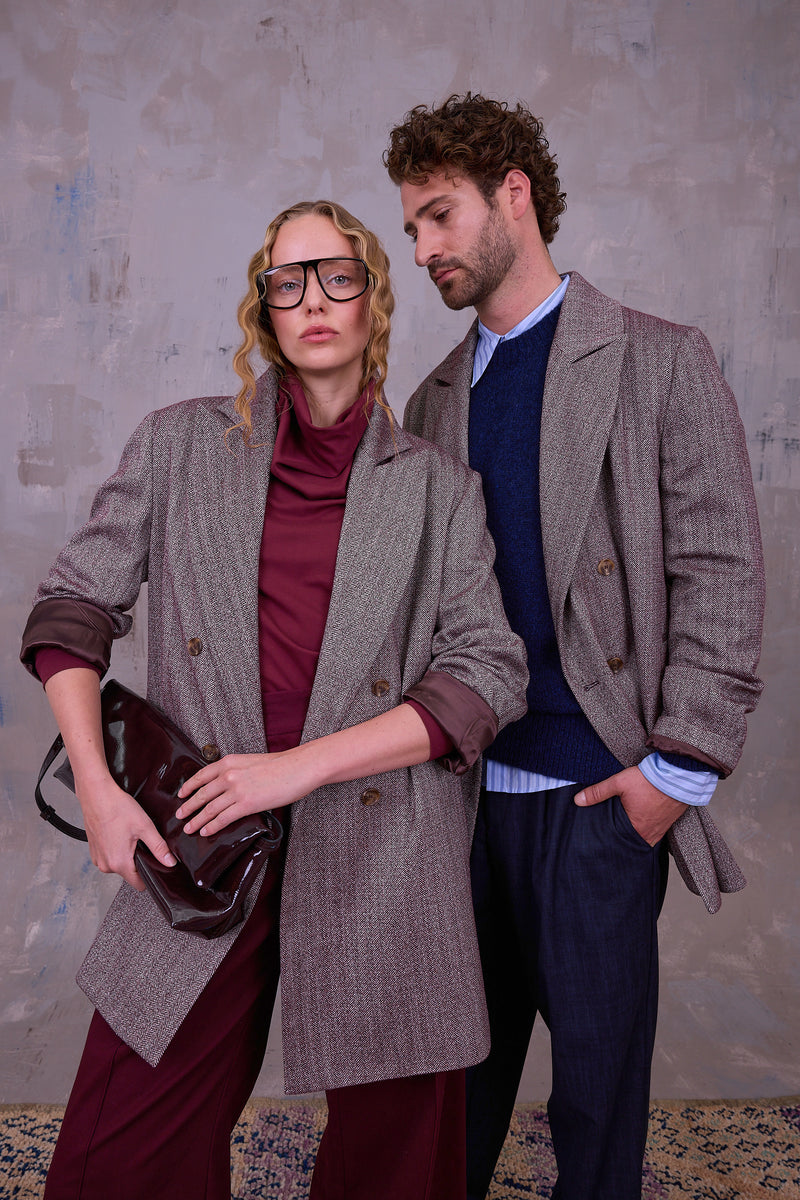 Gaspar formal coat in merlot herringbone