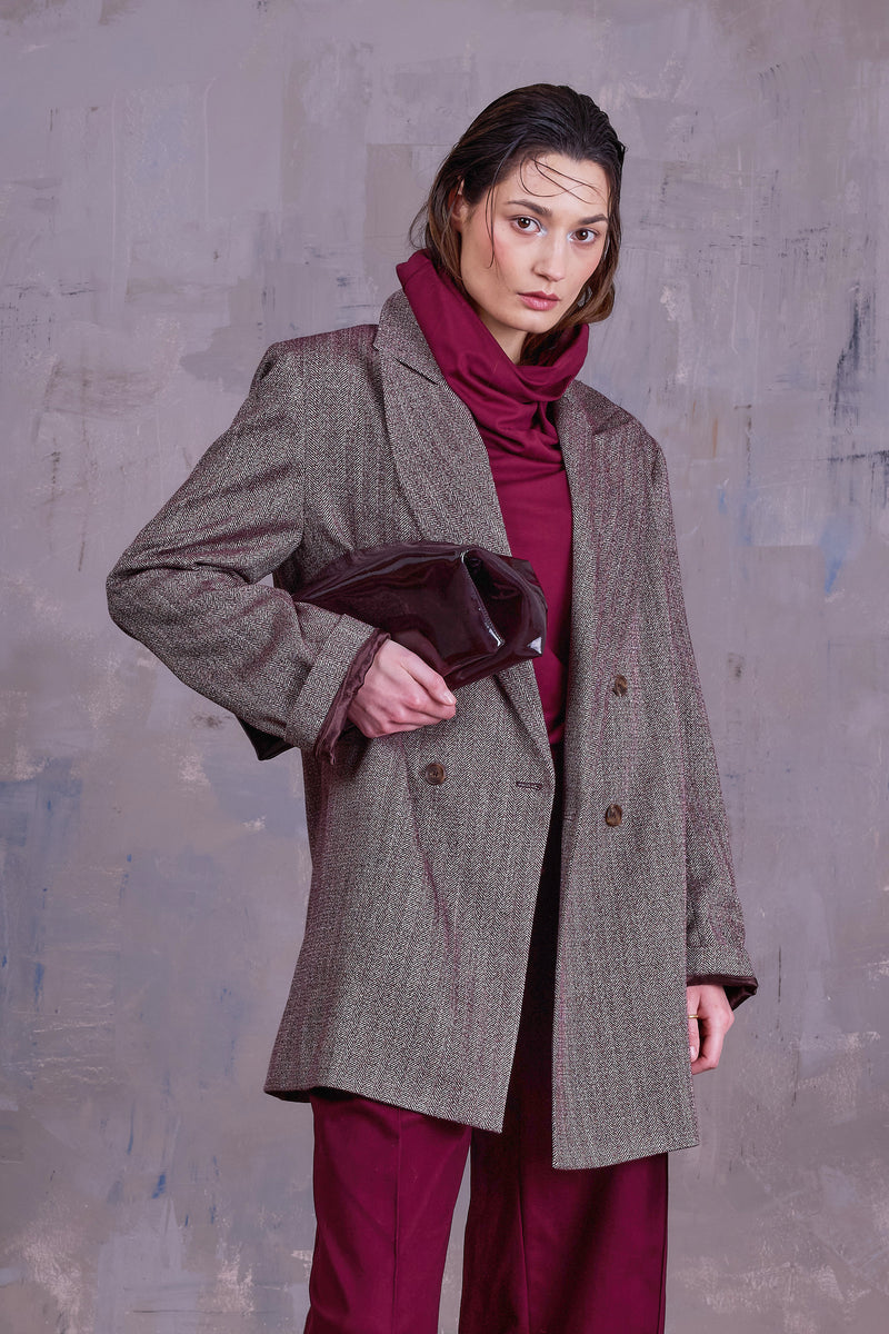 Gaspar formal coat in merlot herringbone