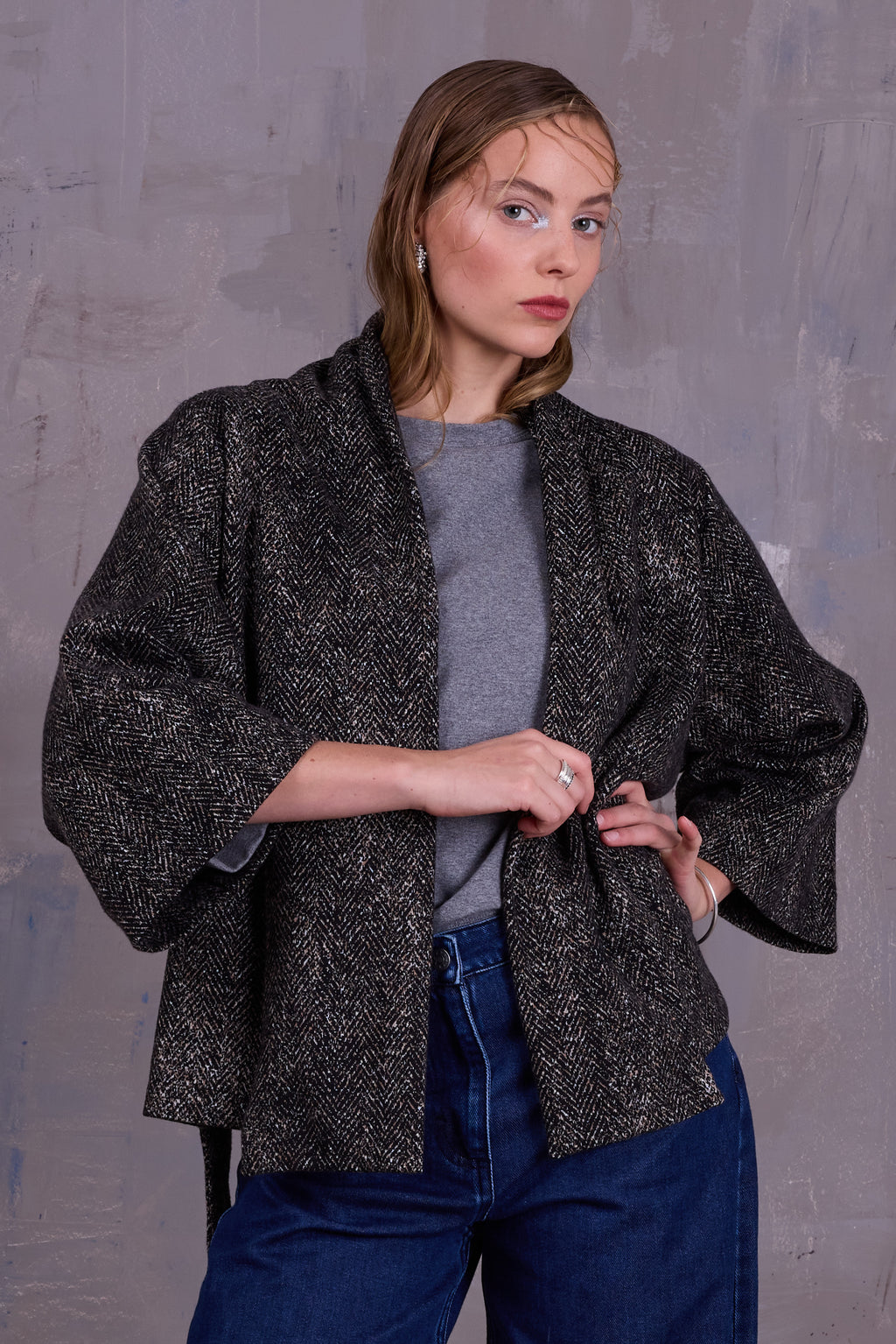 Ediz kimono jacket in dark herringbone