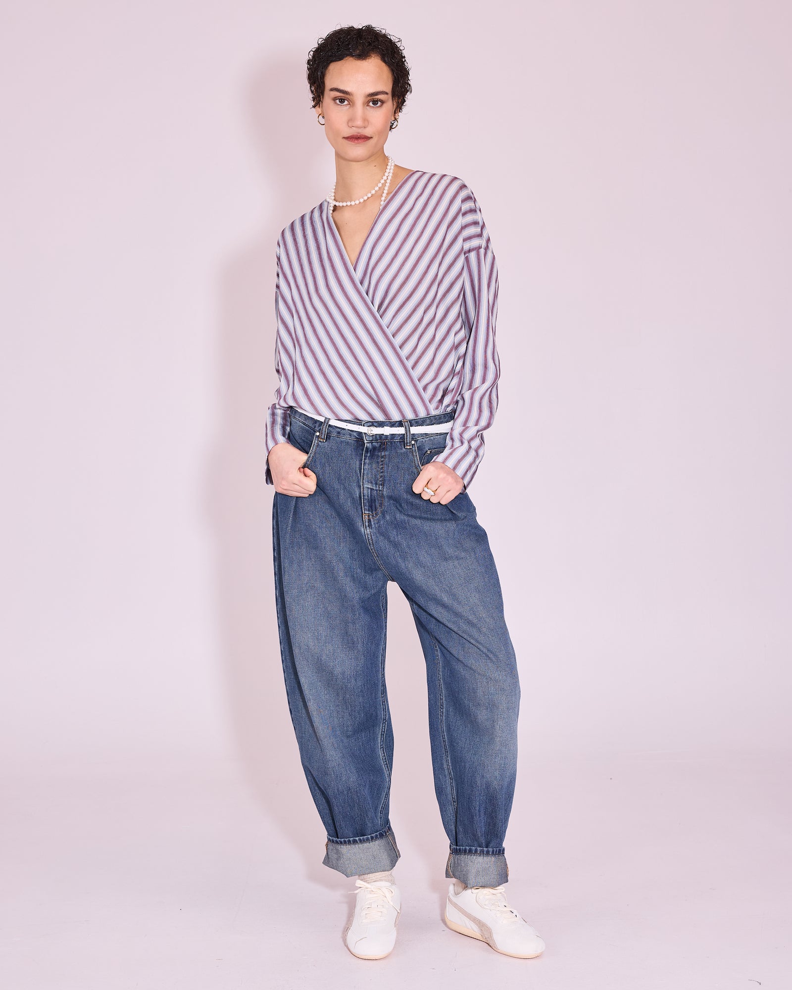 Joelle blouse in burgundy / white / blue stripes