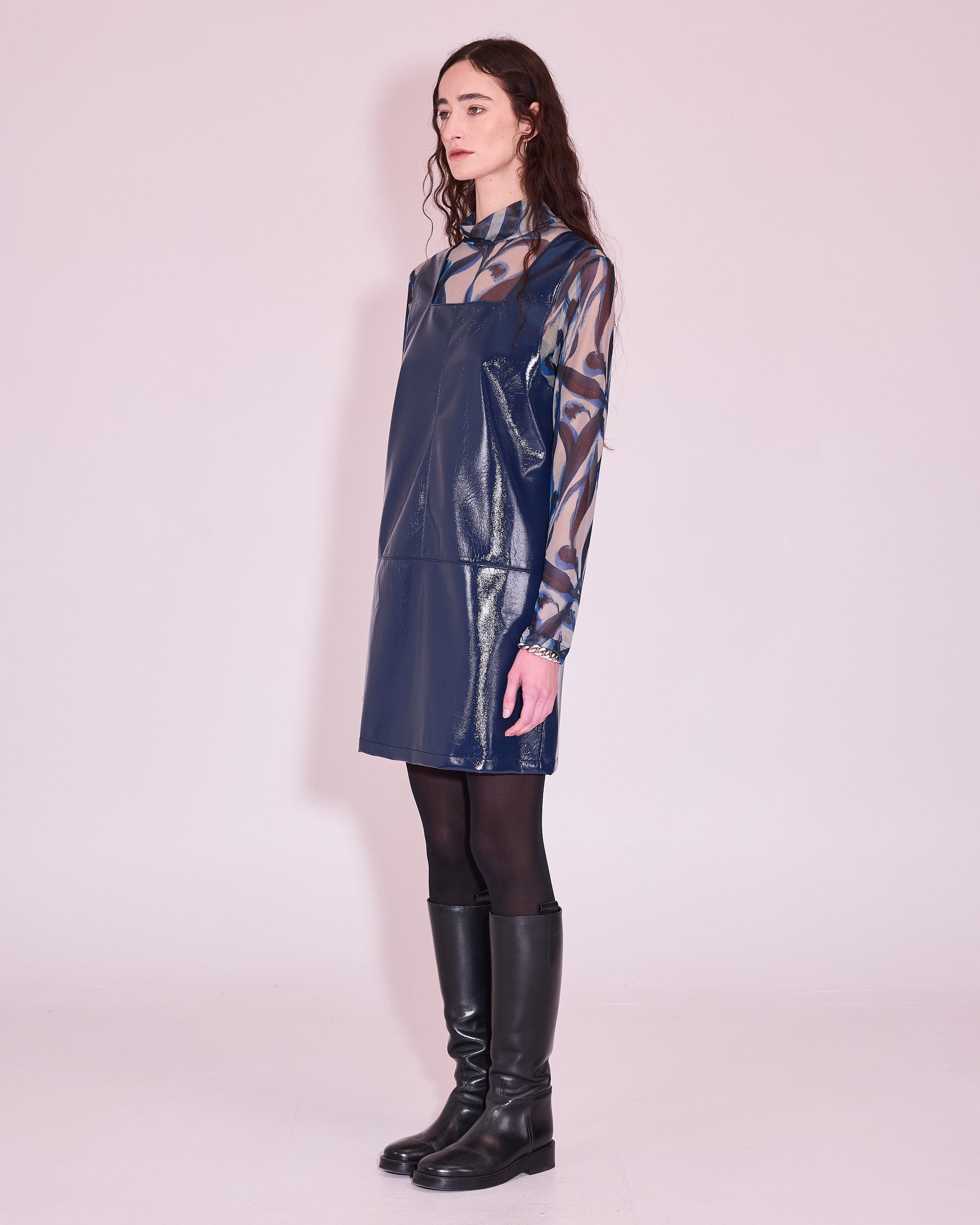 Jolene dress in academy blue faux leather