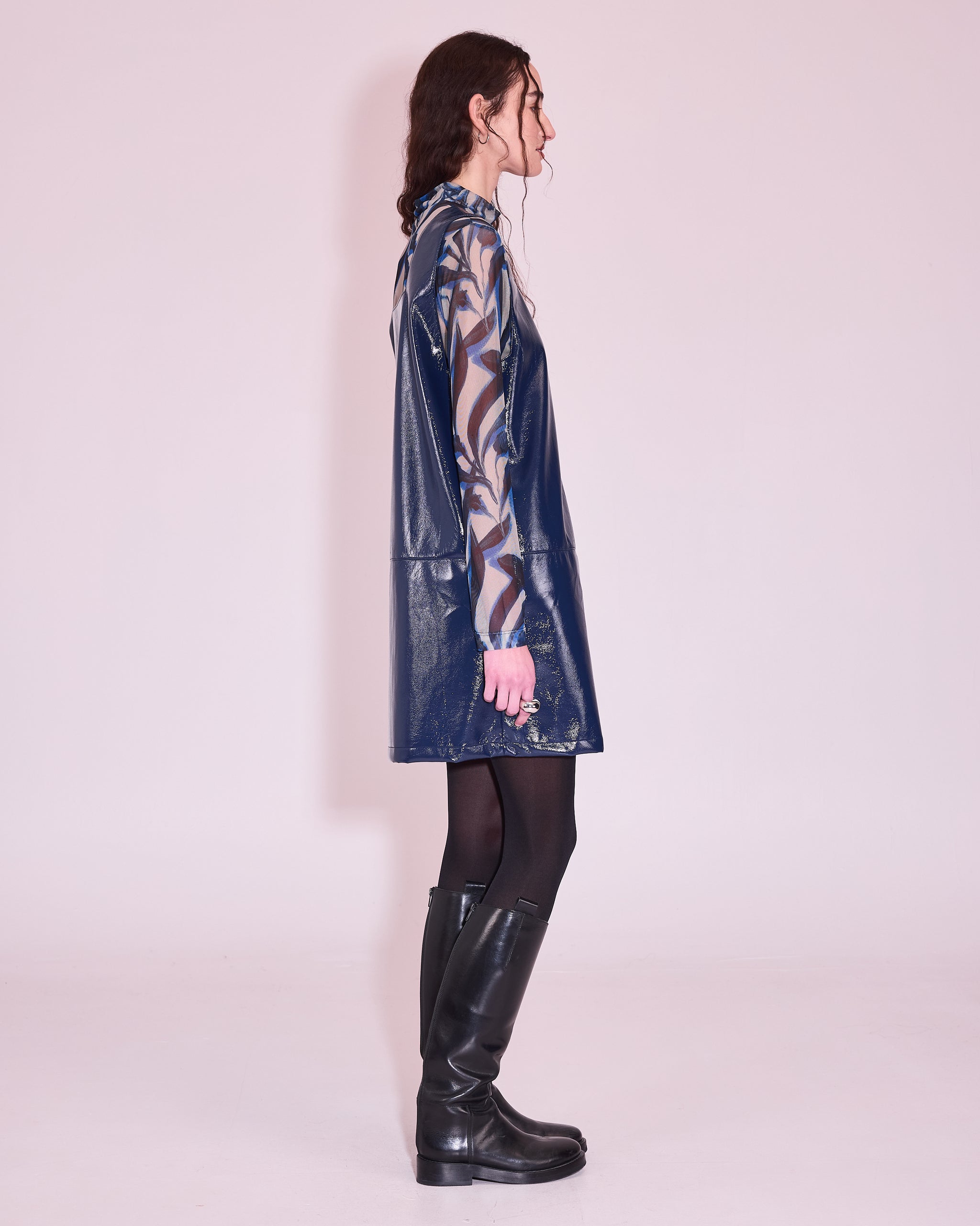Jolene dress in academy blue faux leather