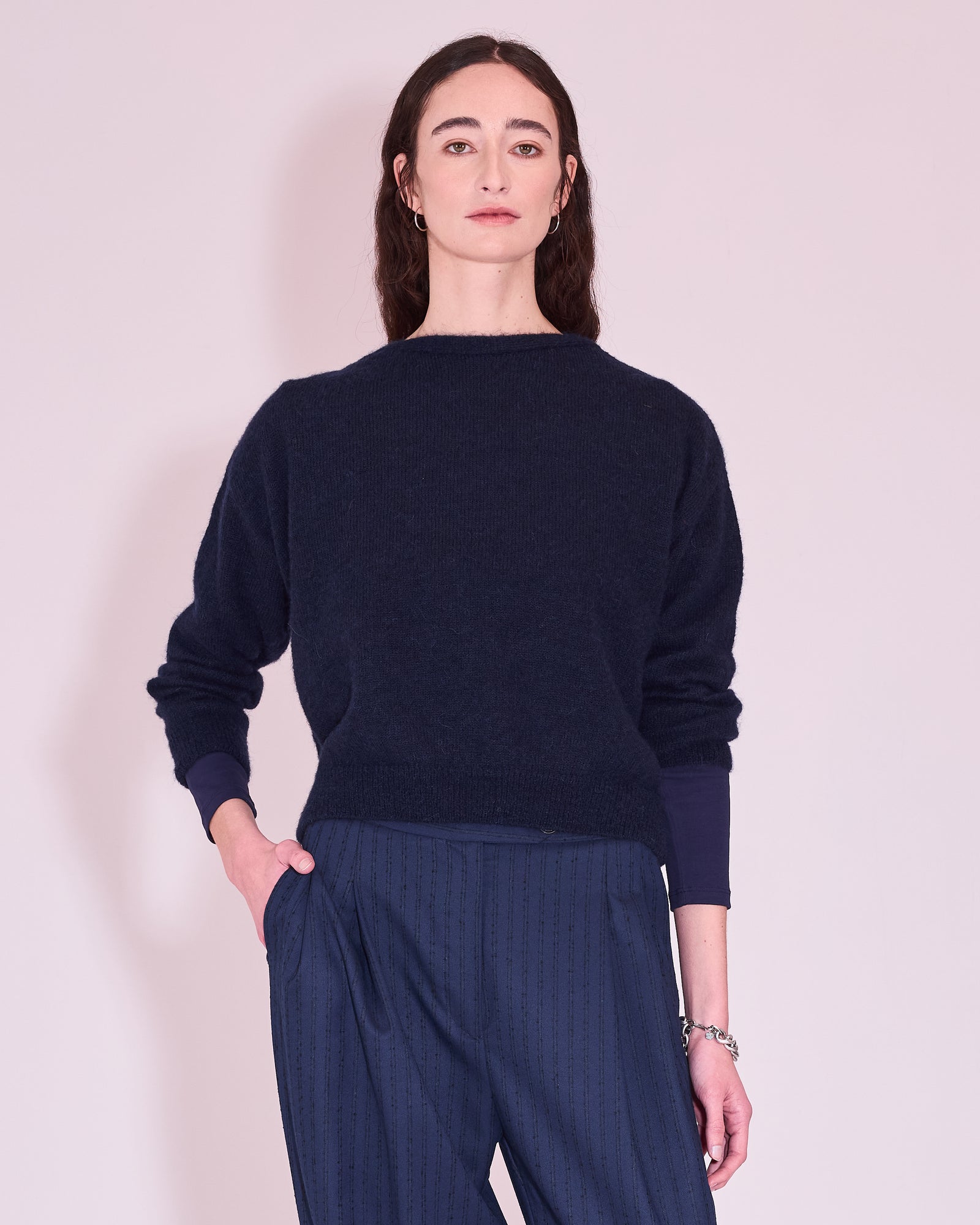 Janabaai wrap sweater in midnight blue